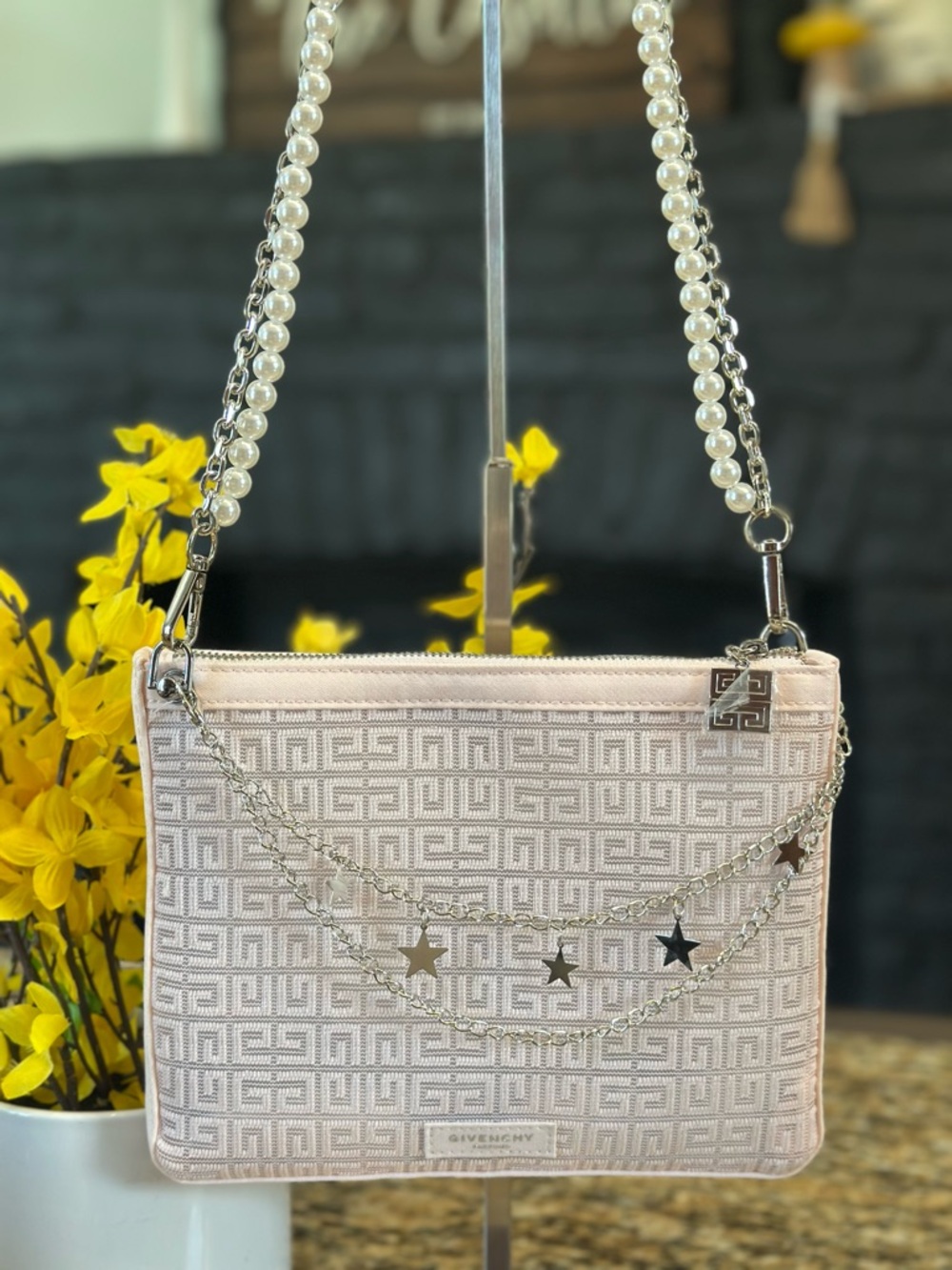 Givenchy Pale Pink Embossed Logo Clutch with Pearl Strap & Star Charms